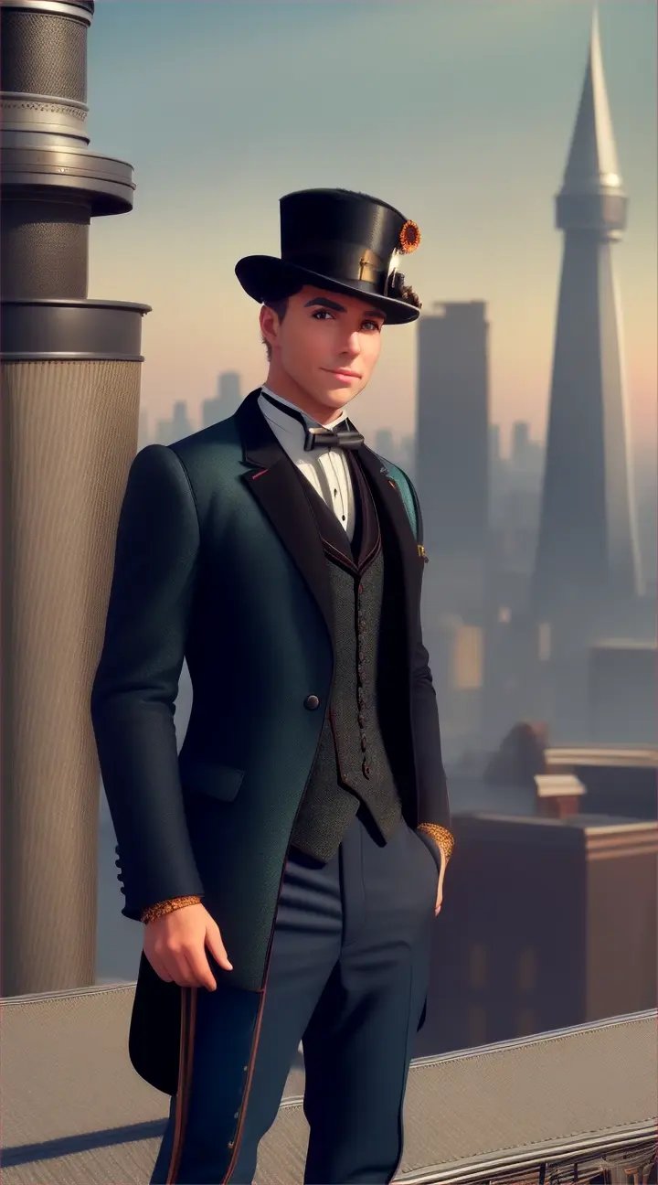 Stylish chimney sweep, 2224, standing on a bright, futuristic rooftop with advanced machinery in the background