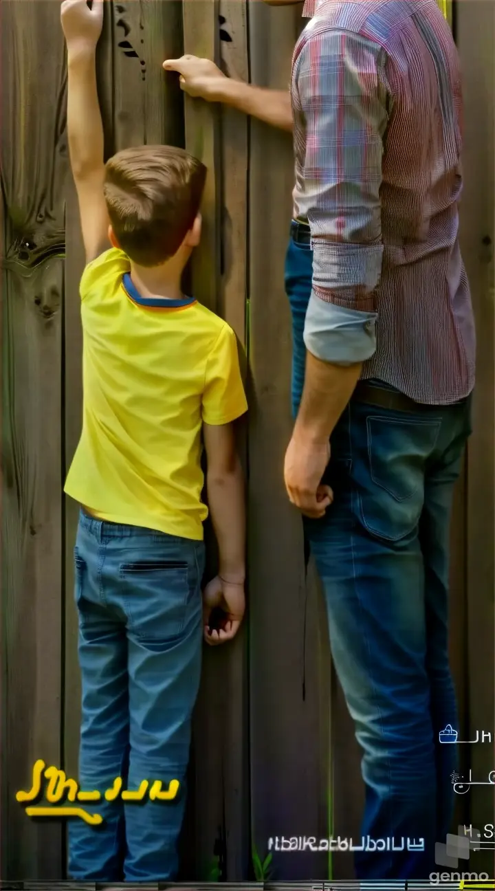 a man and a boy are touching a fence