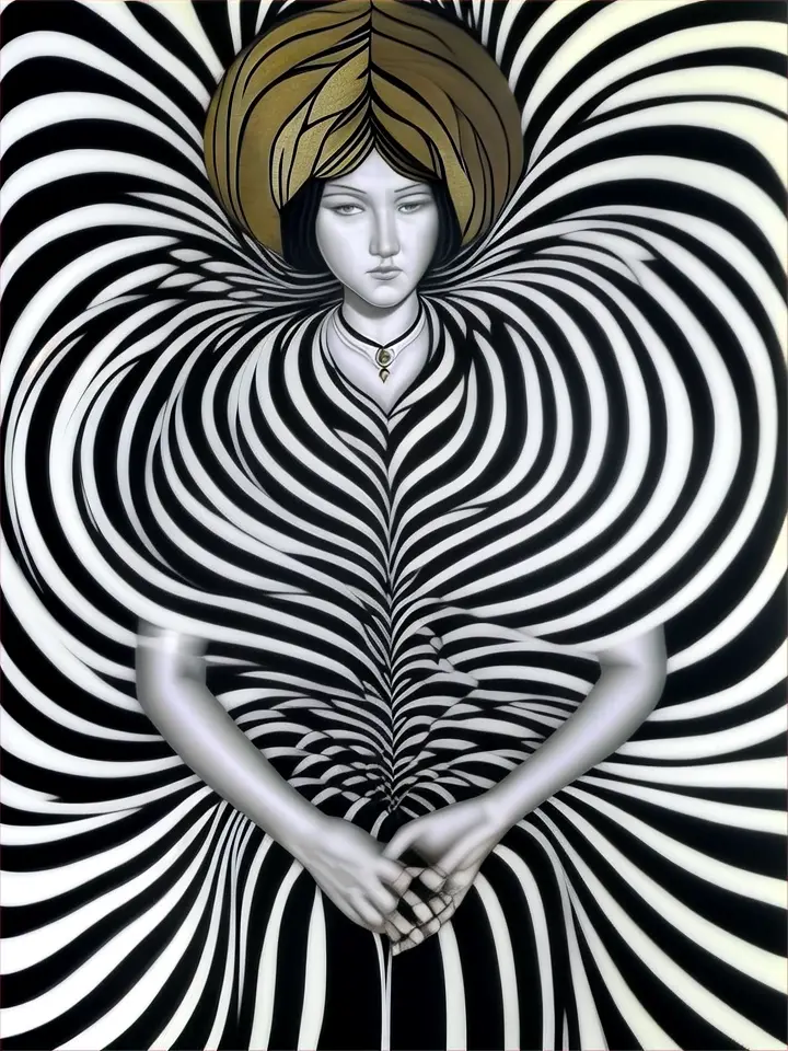 a woman with her hands on her hips in front of a black and white swirl