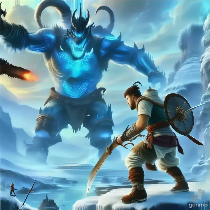 a painting of a man holding a sword in front of a giant monster