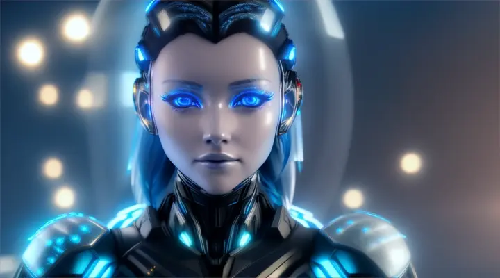 A cyber girl with glowing blue cybernetic limbs, surrounded by snow and ice crystals