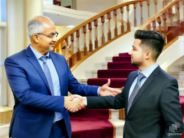 two men shaking hands in front of a staircase