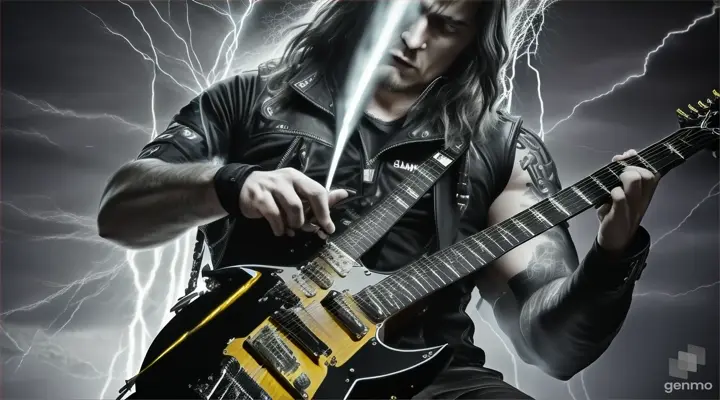 A heavy metal guitarist playing a lightning-bolt guitar in the middle of an electric storm