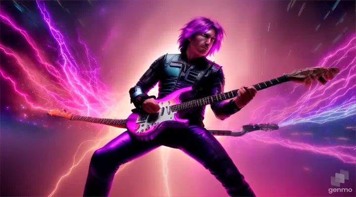 A heavy metal guitarist in the midst of a galactic battle as purple lightning illuminates the scene, wielding a guitar that crackles with electricity