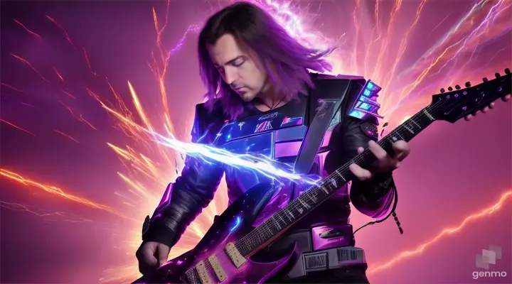 A heavy metal guitarist in the midst of a galactic battle as purple lightning illuminates the scene, wielding a guitar that crackles with electricity