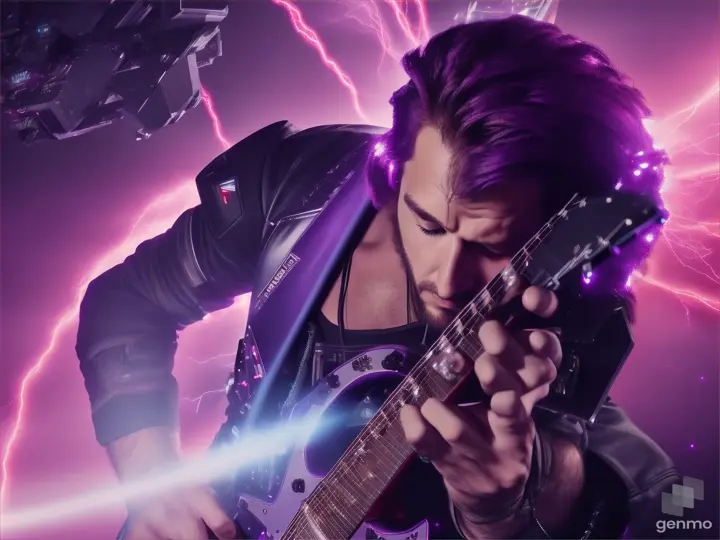 A heavy metal guitarist in the midst of a galactic battle as purple lightning illuminates the scene, wielding a guitar that crackles with electricity