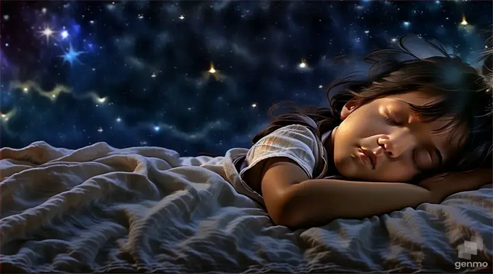 a little girl sleeping on a bed with a night sky background