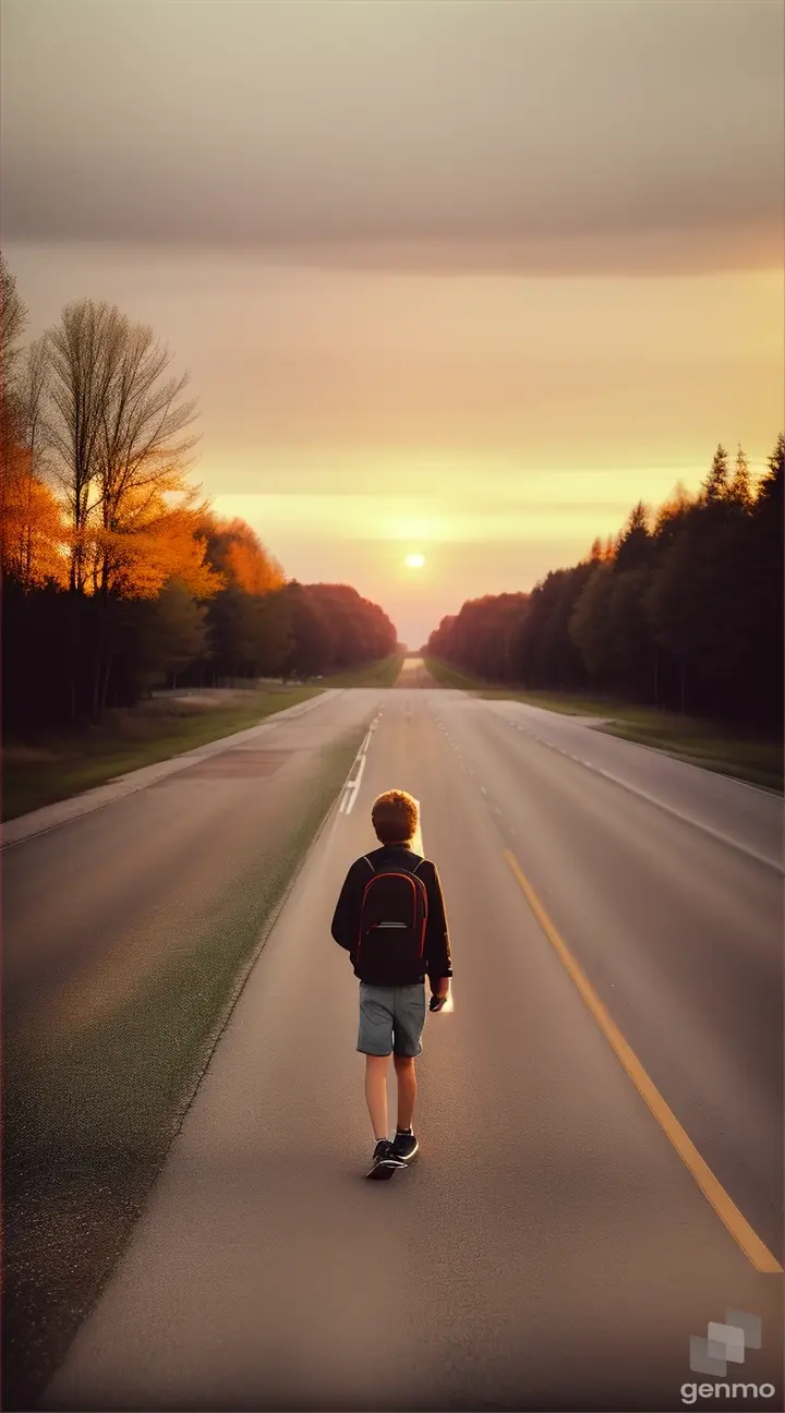 boy travelling alone in empty road by listening music in his headphone