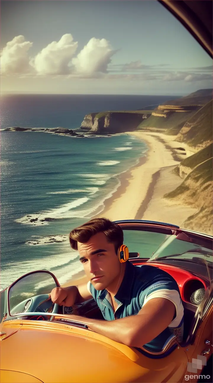 A young man travels alone in an open-top car along a scenic coastal road, listening to music in his headphones.