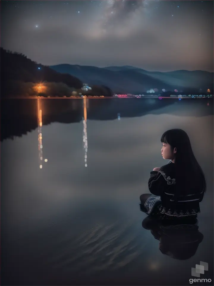 Niña triste sentada en la orilla de un lago en la noche estrellada en China