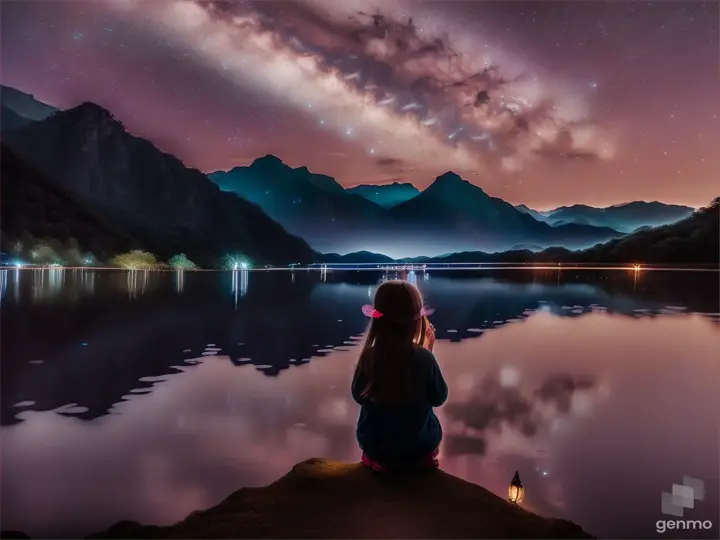 Niña triste sentada en la orilla de un lago en la noche estrellada en China