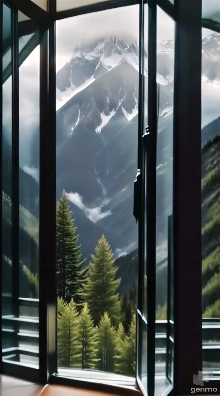 a room with a view of a mountain range