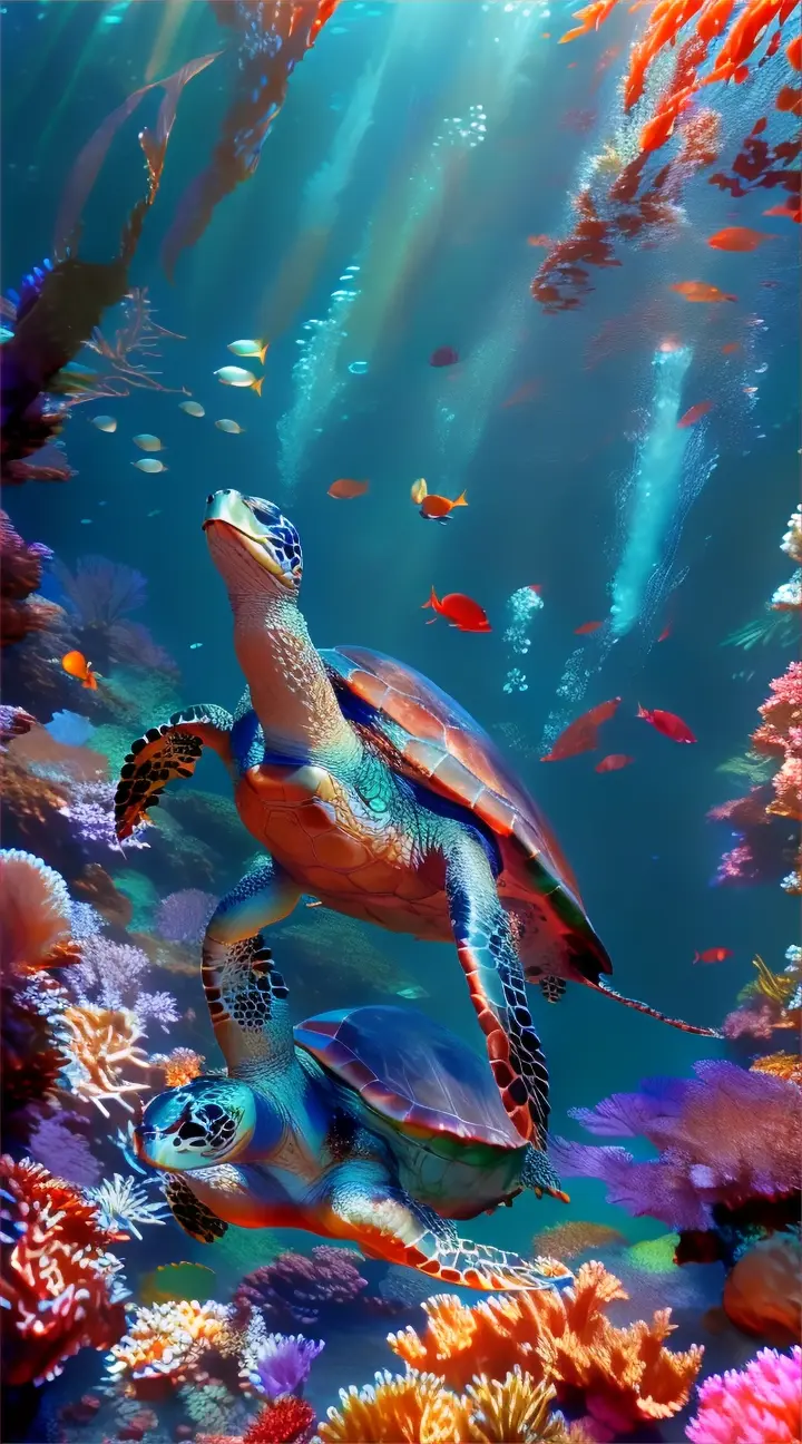 a sea turtle swimming in the ocean surrounded by corals