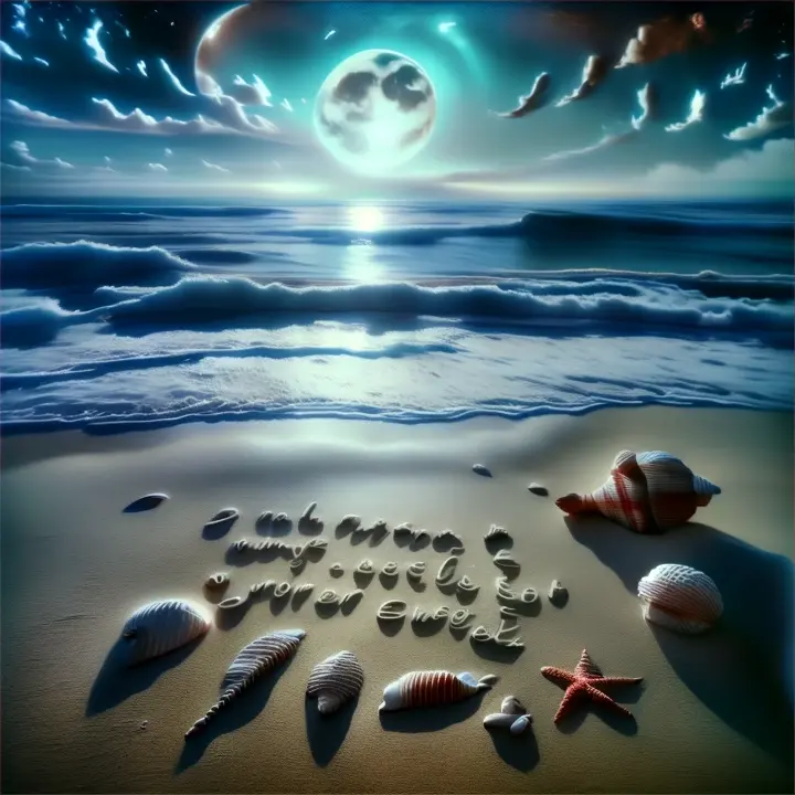 Quick montage of words written on the sand of the beach that are erased by the waves of the sea in the moonlight