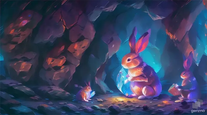a painting of 1 rabbit sitting in a cave