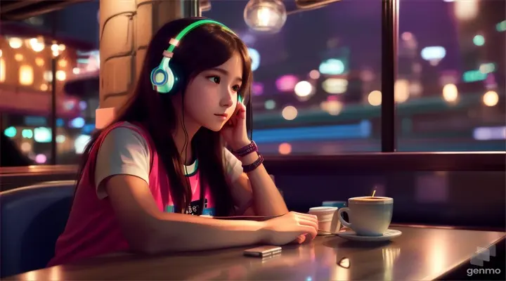 A beautiful girl, wearing headphones, the reason she loves this coffee shop is simple: the ambiance makes her feel secure. Taurus individuals typically value security and stability, and she is no exception. Whenever she needs to think or study, this corner becomes her sanctuary. Her fingers tap lightly on the table in sync with the music, her thoughts dancing among the neon lights of the city. size 1280x720, the Studio Ghibli style adds