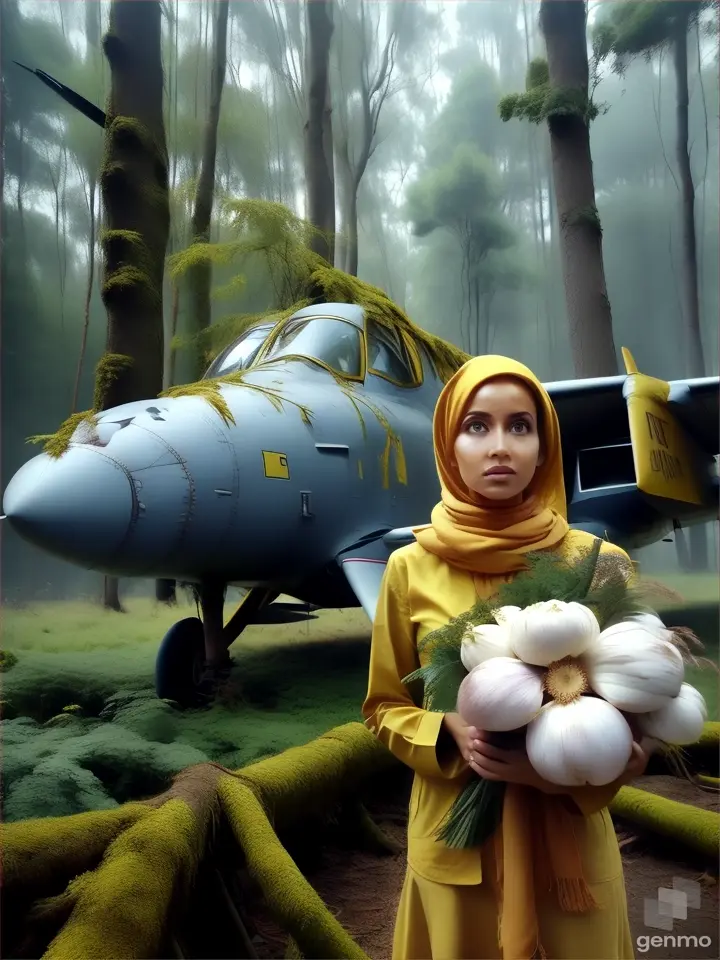 a woman standing in front of a plane in the woods