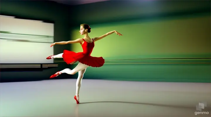 from the ballet Carmen, a slender, beautiful Ballerina of full height, in a red short dress, beautifully walks on pointe shoes with small steps across the stage.  walks around the stage.  green chromakey