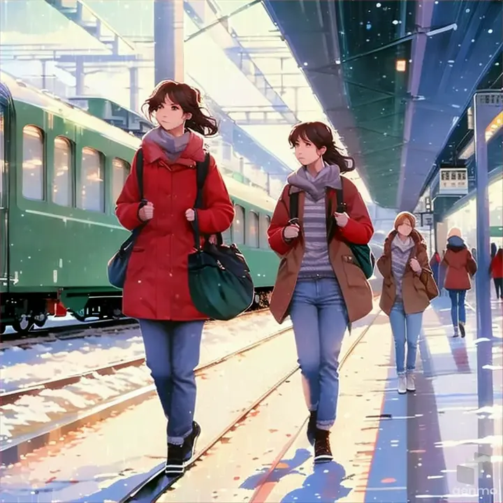 a couple of women walking next to a train