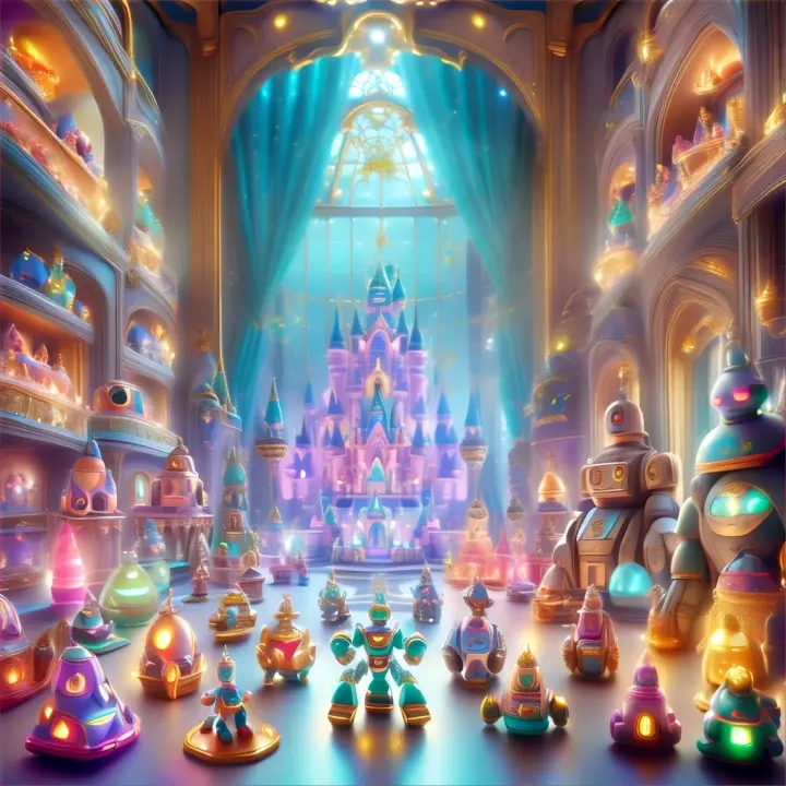 Pan through a magical room filled with robots, rockets, castles, and crowns, highlighting each toy with bright and colorful animations, Disney style, cartoon style 