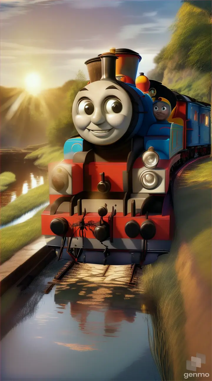 Create an illustration of Thomas the Tank Engine with ((GIANT Spider Legs)) to the thomas train,sharp teeth, near water body.