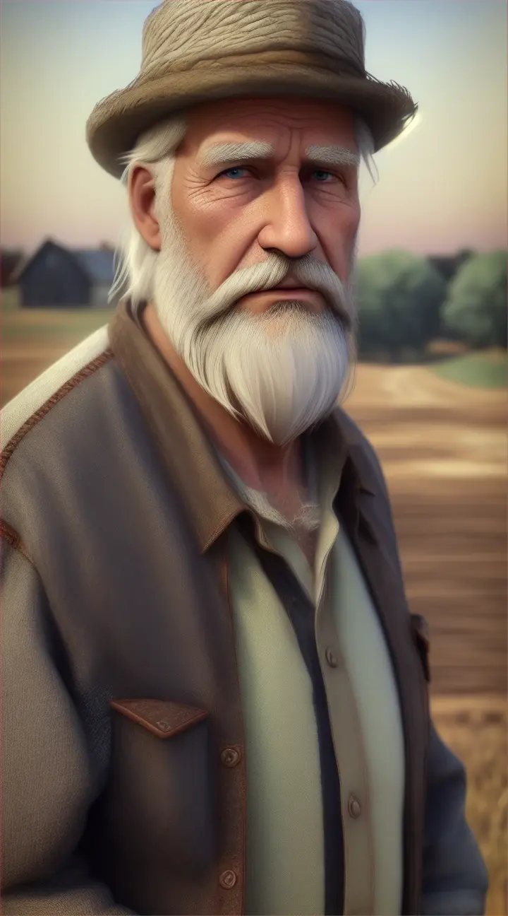 Old man with white hair and white beard, Closed up, Farm in the background, 3D cartoon