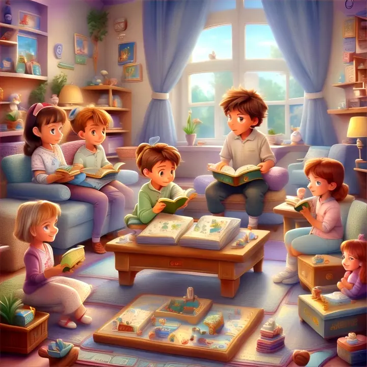 The scene transitions to a cozy reading nook where kids and characters are engaged in interactive storybooks that come to life, along with board games that play themselves, cartoon style, Disney style 