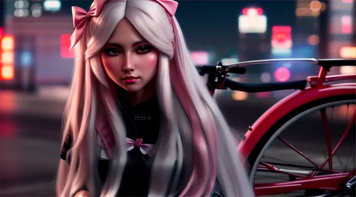 official art, unity 8k wallpaper, ultra detailed, beautiful and aesthetic, masterpiece, best quality, realistic, horns, blush, long hair, white hair, streaked hair, red eyes, hair bow, mole under eye,  red akirabike, riding bike, night, cyberpunk city view, epic screen, ,