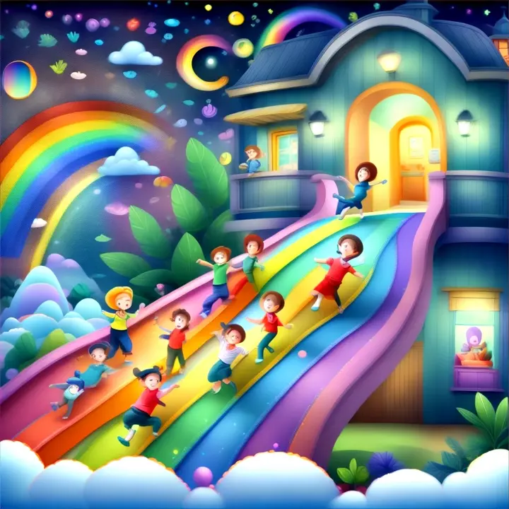 In the Dream House a  rainbow appears, and the kids excitedly jump onto it, sliding down through various colors, experiencing different playful scenarios with each hue, cartoon style, Disney style 