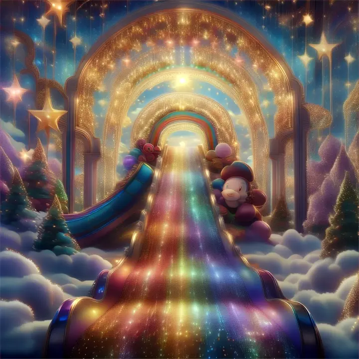 In The Dreams House the rainbow ride leads to a slide made of twinkling stars, bringing the kids gently down into a dreamy, starry landscape, cartoon style, Disney style 