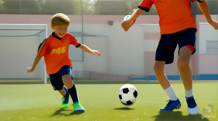 Two boys are playing soccerball on the school field, both of them dribbling, feinting and passing and having a lot of fun playing together.