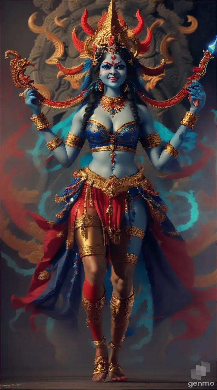 angry blue kali goddess with red eyes smiling, full body, realistic. she´s fighting a demon