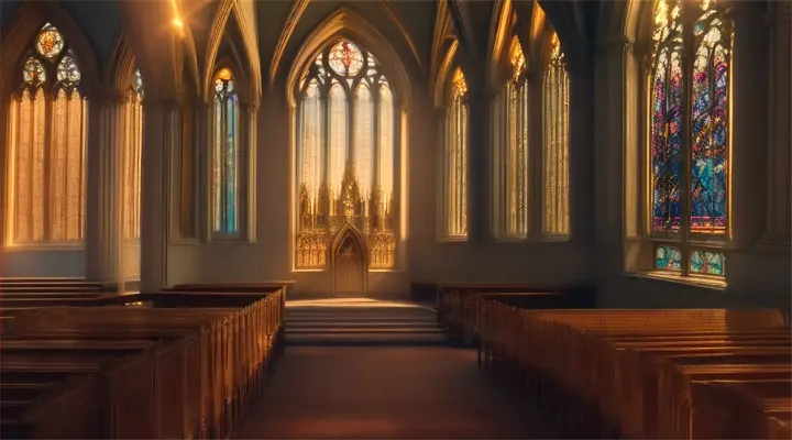  STYLE ISEKAI FANTASY: A window in a cathedral, framing a view of a radiant city bathed in golden light.

