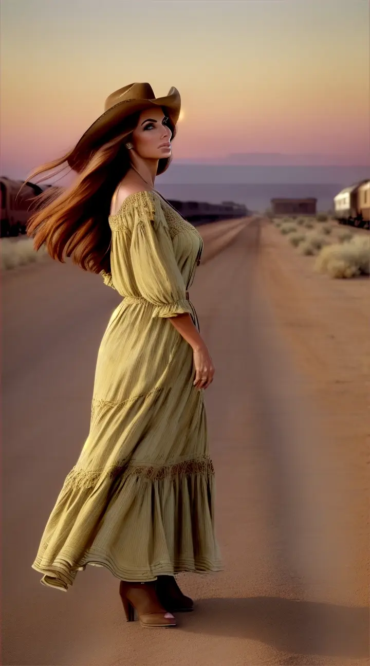 Raquel Welch long auburn hair   Short  thin prairie cotton dress  backside attracting attention from the local town folk as she struts to the train depot down a dusty street in the Frontier town in the west in late 1800s. Dramatic Texas sunset ofcwispy clouds. Desolate land. Dangerous times. Old world feel. Highly detailed  beautiful woman and hair in the desert wind . Nice legs and lovely. Steam train going by in the distance 