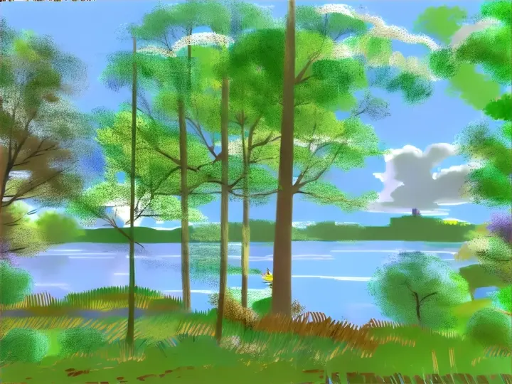 a painting of a lake surrounded by trees with people walking