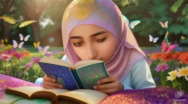 Hijab girl sitting in a garden reading Quran, surrounded by colorful butterflies and flowers like in a colorful mosaic