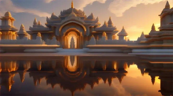 A futuristic temple, with sacred geometry and ancient architectural elements, reflected on the calm surface of water.