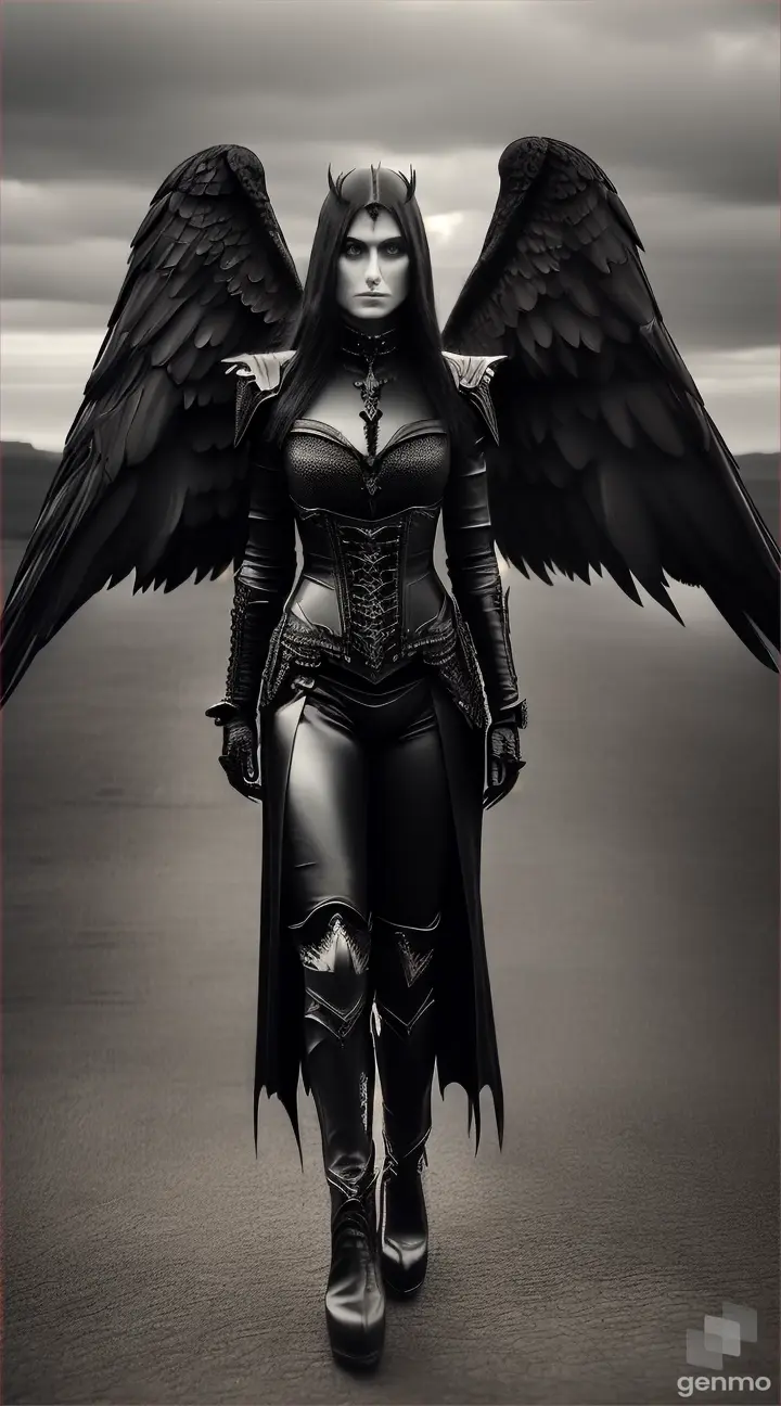  Create a hyper-realistic dark fantasy image of Azrael female walking. Ensure the image has great details and a depth effect.