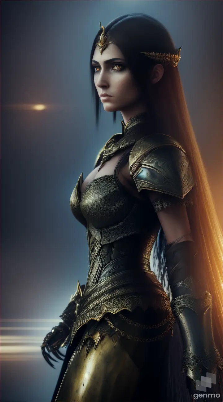  Create a hyper-realistic dark fantasy image of Azrael female walking. Ensure the image has great details and a depth effect.