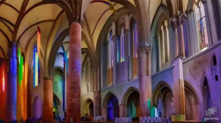 a large cathedral with a rainbow colored ceiling (Jacobins church)