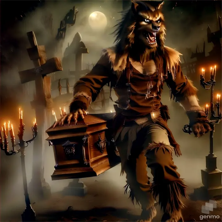 a werewolf holding a coffin