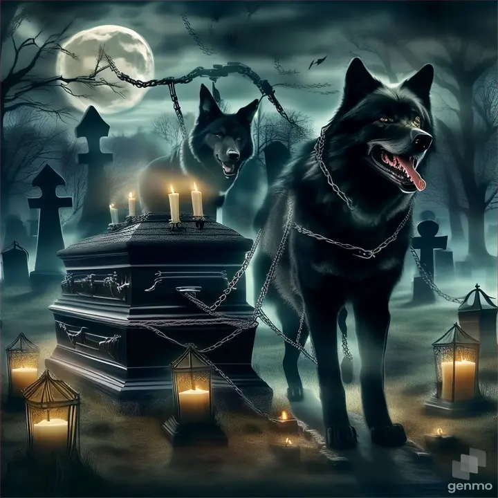 a black wolf, dragging a coffin, with chains there are candles on the coffin, in a graveyard