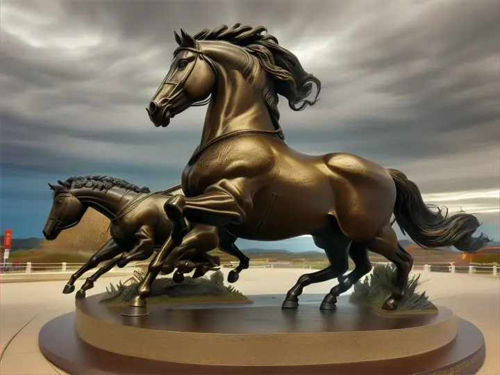 Spirited horse galloping through a storm, dynamic sculpture in bronze, capturing movement and emotion