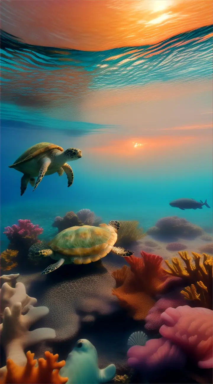 Mother sea turtle and hatchling swimming in the reef at twilight, surrounded by a school of colorful fish, realistic.