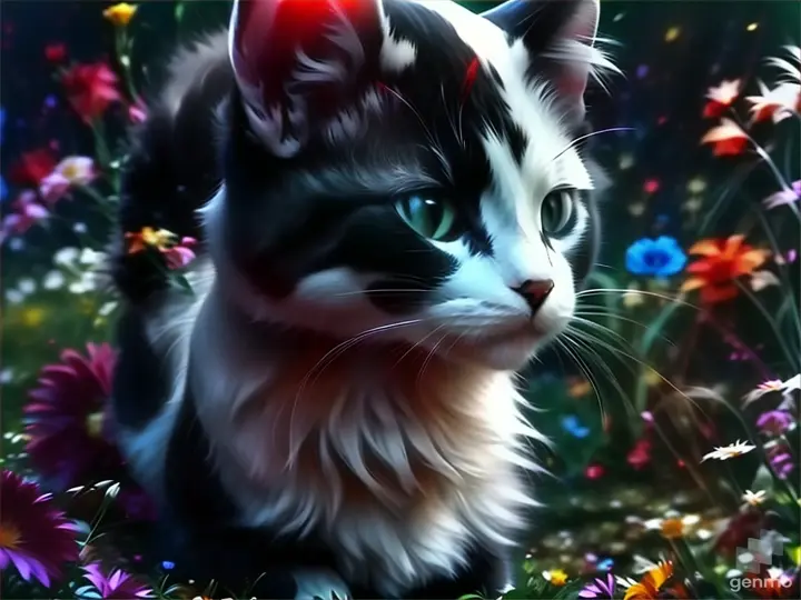 a black and white cat sitting in a field of flowers