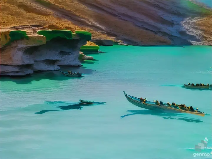 a group of people riding in a The boat moves over the water and the shark follows themboat on a body of water