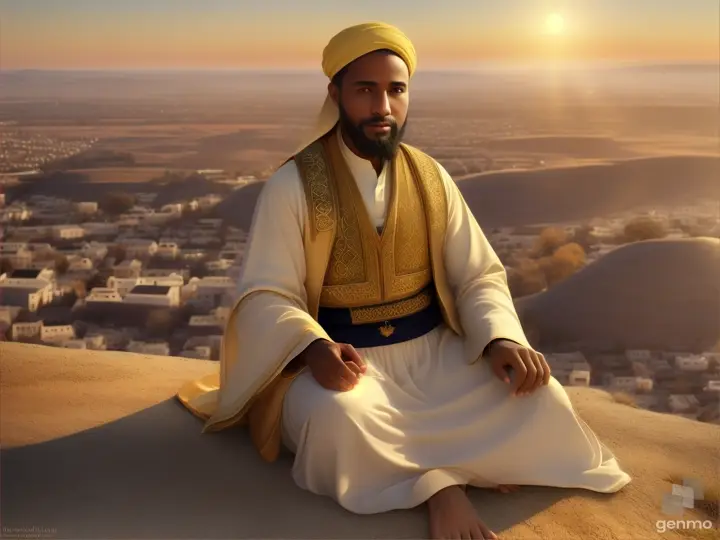 Prophet Suleiman seated on a hill during the golden hour, with soft light and a calm sky in the background