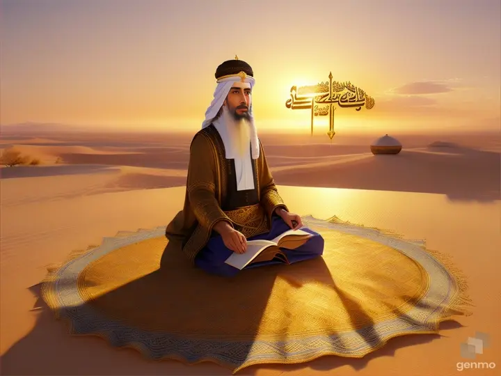 The Prophet of God, Suleiman bin David, depicted at golden hour, radiating warmth and wisdom in a peaceful desert setting.