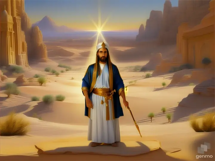 The Prophet of God, Suleiman bin David, depicted radiating golden light and wisdom in a peaceful desert setting