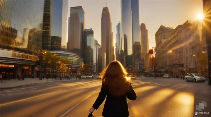 A cityscape awash in warm, glowing sunset light, shadows cast by towering buildings and joyful people walking around